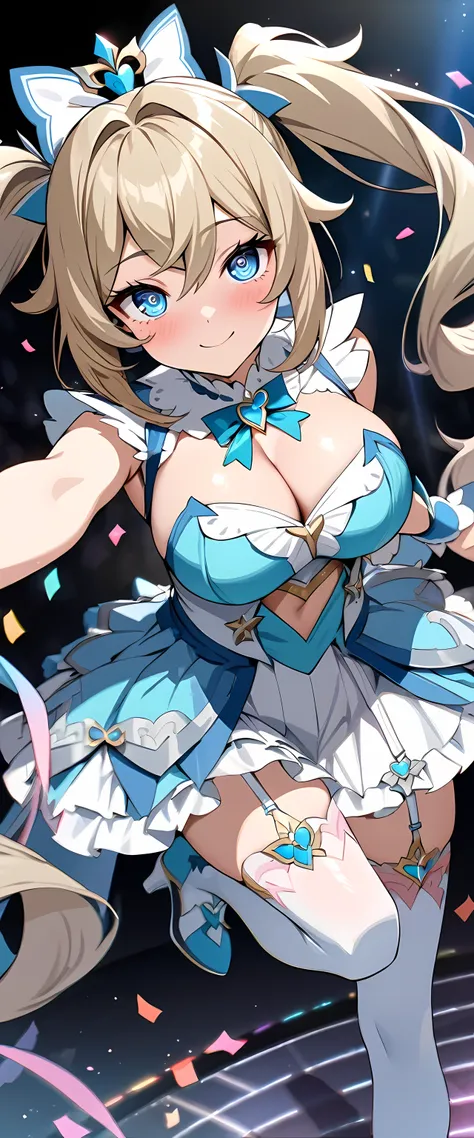 (masterpiece), best quality, expressive eyes, perfect face,1girl,barbara_(genshin impact),(cute magical girl costume:1.5),(big breasts),(sparkles:0.9),(glitters:0.9),ash blonde hair,pigtails,concert stage,confetti,garter belt,heel boots,middle hair,side po...