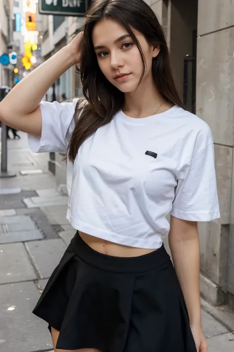 girl in white tshirt and black skirt