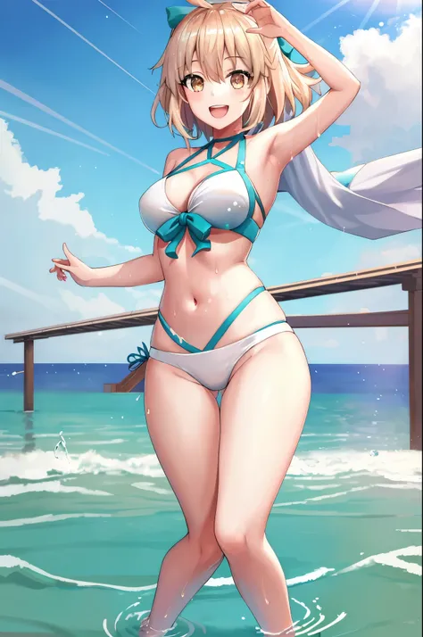 masterpiece, best quality,extremely detailed CG unity 8k wallpaper,
1girl,okita souji (fate), swimsuit,bikini,
 smile,open_mouth,dancing,sunlight,splash_of_water,happy,gold_eyes,half_eyes,apart_legs,rising_knee,open_legs,covered_pussy,