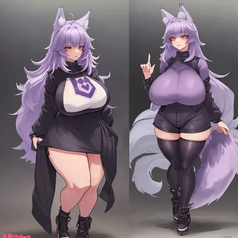 one woman, wolf girl, wolf ears, wolf tail, violet hair, firm body, thick thighs, massive breasts, baggy clothes, sfw, sexy, full body, masterpiece, highly detailed, short women,