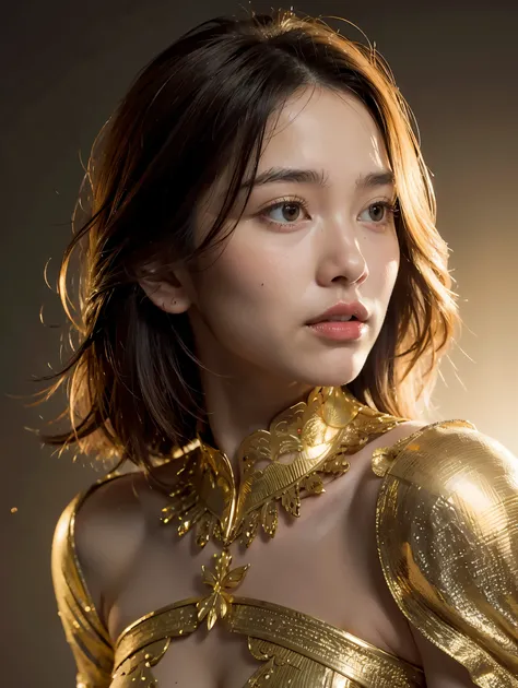 Portrait of a beautiful cyborg with 8k brown hair, intricate, elegant, highly detailed, majestic, digital photography, art by artgerm and Ruan Jia and Greg Rutkowski, surreal painting, golden butterfly filigree, broken glass, (masterpiece, side light, deli...