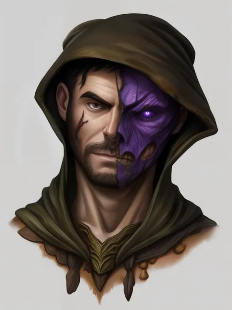 portrait, fantasy, dnd, character portrait, human, a human male with half his face missing, human male with hood, mutated face, ...