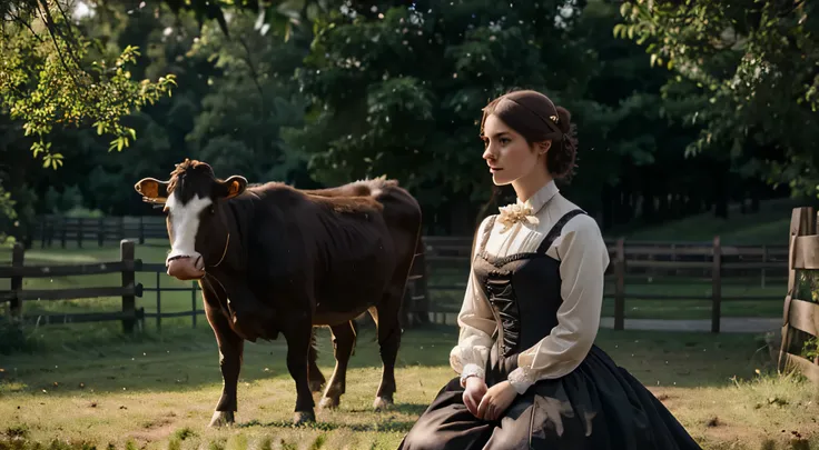 Beautiful natural look realistic looking cows wearing a Victorian era dress with side lighting