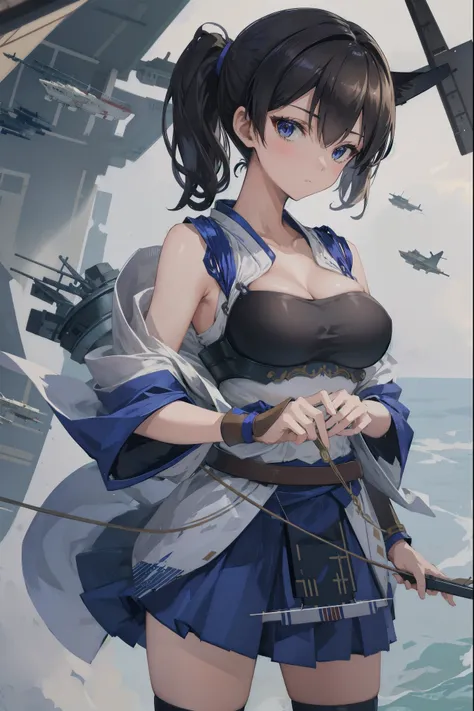 kaga(fleet collection),highest quality, masterpiece, high resolution,kimono,blue skirt,side ponytail,big_breasts,