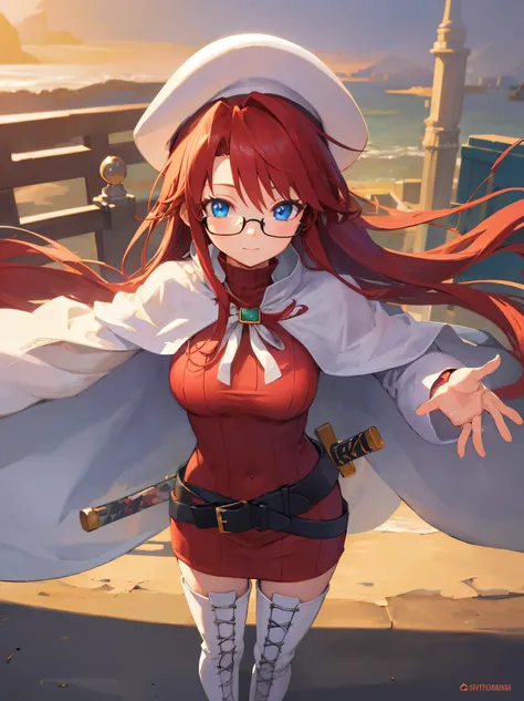 summonnightaty, aty, long hair, blue eyes, red hair, beret, hat, glasses,
BREAK long hair, thighhighs, hat, dress, boots, glasses, belt, cape, sweater, zettai ryouiki, beret, thigh boots, white footwear, ribbed sweater, loose belt,solo,
BREAK outdoors, fan...