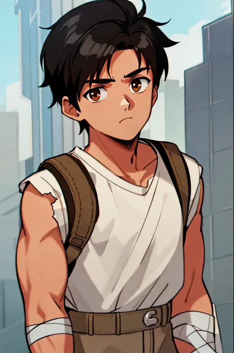 masterpiece, best quality, cel shaded, bright colors, 1boy, solo, male focus, portrait of survivor, young boy, short black hair, brown eyes, small frown, healthy complexion, strong frame, white muscle shirt, bandages over body, beige backpack, beige shorts...