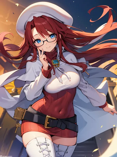 summonnightaty, aty, long hair, blue eyes, red hair, beret, hat, glasses,
BREAK long hair, thighhighs, hat, dress, boots, glasses, belt, cape, sweater, zettai ryouiki, beret, thigh boots, white footwear, ribbed sweater, loose belt,solo,
BREAK outdoors, fan...