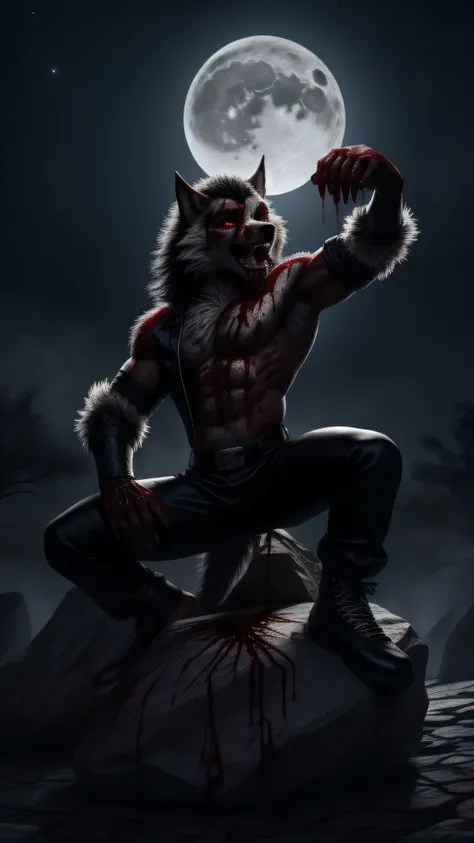 A red-eyed werewolf howling at the full moon (on top of a rock:1.1) Wearing a Michael Jackson style outfit Muscular (Blood on face:1.1) (blood on hands:1 1)