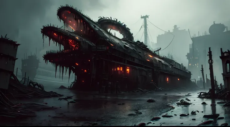 ((gloomy tentacle horror biopunk atmosphere)), biopunk pier, tentacle shipyard, cold lighting, abandoned biopunk landscape, (scorn videogame style), horror atmosphere, presence of something terrible, highly detailed biopunk background, background by Hans G...