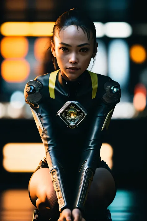 (masterpiece), (extremely intricate:1.3), (realistic), a girl, (cyberpunk), (dynamic perspective), the most beautiful in the world, (crouch down), indoors, caferacer, Aomori, Haifa, smirk, professional photograph of a stunning woman detailed, sharp focus, ...