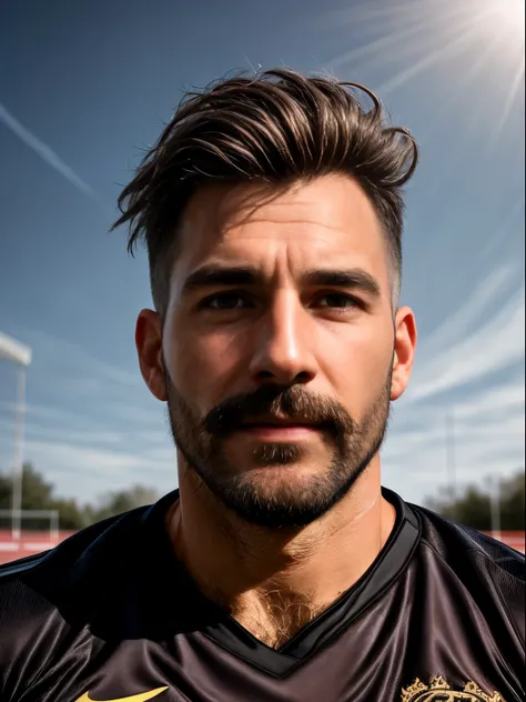 masterpiece, best quality, high resolution, closeup portrait, male focus, solo focus, A man, 40 years old, grey hair, soccer player, football player, grey silver hair, messy hairstyle, cute and seductive face, bare chest, body hair, facial hair, roman nose...