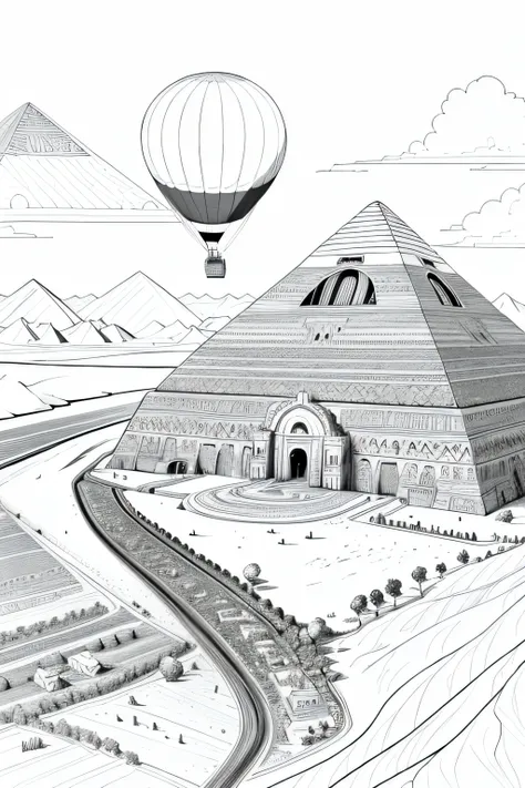 hot air balloon in an Egyptian landscape, sketch, black and white landscape, line art, detailed, (((uncolored)))