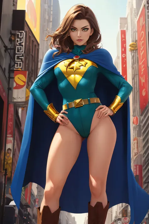 ((best quality)), ((masterpiece)), ((ultra realistic)), (dynamic heroic pose), american, beautiful detailed face, detailed eyes, sexy reporter, ((dressed in a red leotard with blue accents)), new york city backdrop, highly detailed, professional, bare legs...