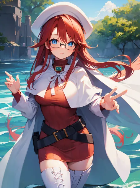 summonnightaty, aty, long hair, blue eyes, red hair, beret, hat, glasses,
BREAK long hair, thighhighs, hat, dress, boots, glasses, belt, cape, sweater, zettai ryouiki, beret, thigh boots, white footwear, ribbed sweater, loose belt,solo,
BREAK outdoors, fan...