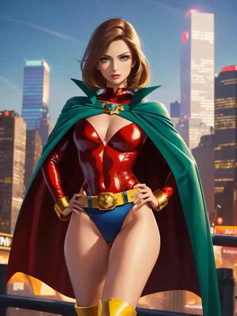 ((best quality)), ((masterpiece)), ((ultra realistic)), (dynamic heroic pose), american, beautiful detailed face, detailed eyes, sexy reporter, ((dressed in a red leotard with blue accents)), new york city backdrop, highly detailed, professional, bare legs...