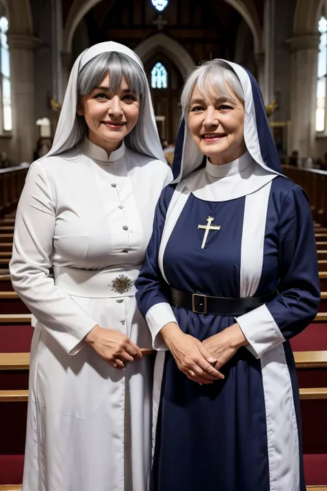 Two Italian Grannies、Grey Hair、With bangs、blue eyes、smile、Nun、Wrinkled Big 、Wrinkled, curvy body and amazing uniform、inside the church