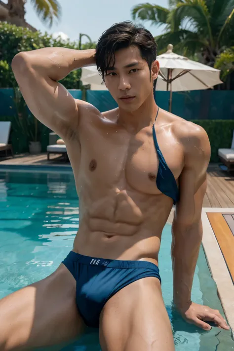 Korean male model, k pop idol, topless, muscles, head to toe, full body portrait, laying down ,luxury cruise background, realistic, romantic, photograph, portrait, elegance handsome, athlete body, fashion set, mens wear, tight shorts hi cut underwear, full...