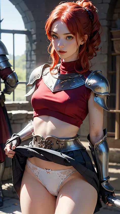 (female warrior: 1.5), (redhead warrior girl: 1.3), 1 girl, solo, pretty girl, young girl, (red hair), (green eyes), thin girl, small breasts, pretty face, slim waist, thin legs , gap between thighs, (knights armor), (steel breastplate, steel gauntlets, st...