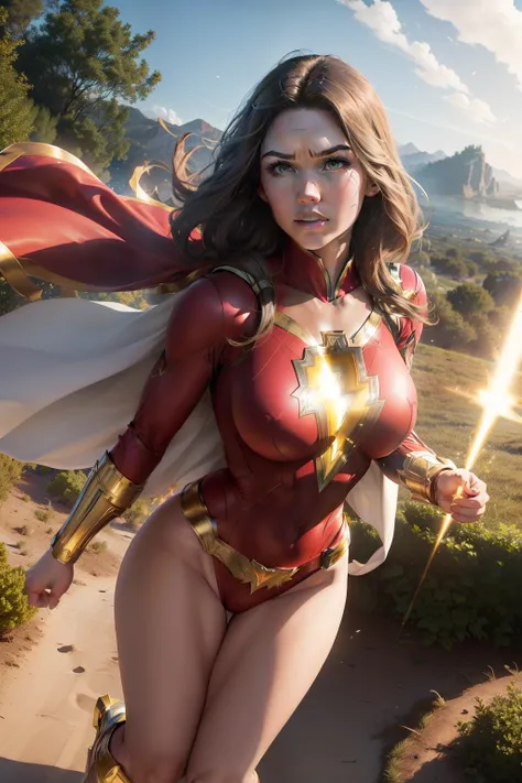 masterpiece, best quality, cinematic, photorealistic, ultra-detailed), (Grace Fulton as Mary Marvel Shazam:1.2), (wide shot, from above, full body:1.2), alluring girl, (voluptuous body, perfect anatomy, sexy body), (glossy red skin, hot and sexy), perfect ...