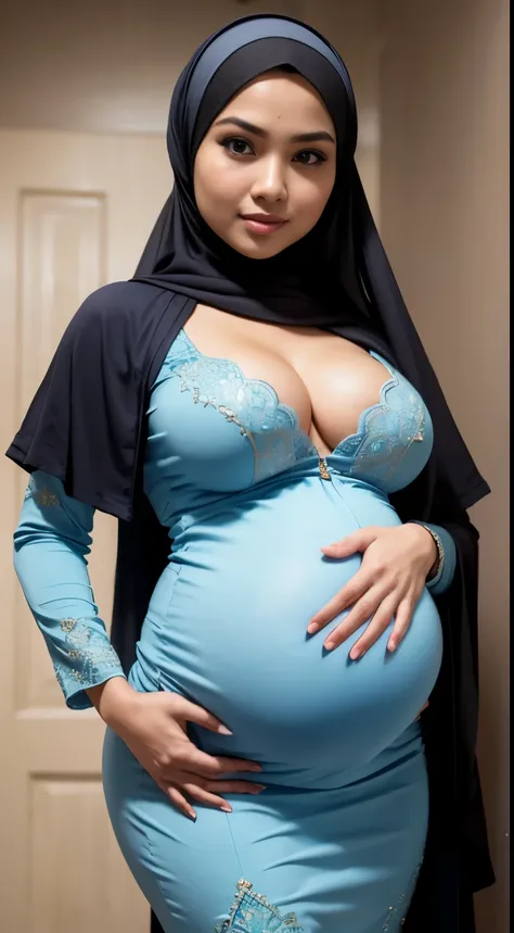 RAW, Best quality, high resolution, Masterpiece: 1.3), Beautiful Malay woman in hijab, Masterpiece, Perfect slim body, ((Big breasts)), ((huge pregnant)), Beautiful big eyes, Soft smile, Wearing a kebaya java blue