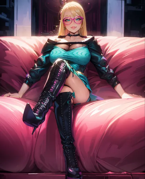 Long wavy blonde hair, green eyes, glasses, pink bow,  massive , big ass, juicy lips, big lips, droopy purple eyes, massive lashes,smiling, ((platform boots)) cute blue dress, stepping in screen, gothic clothes, dark makeup, lace, corset