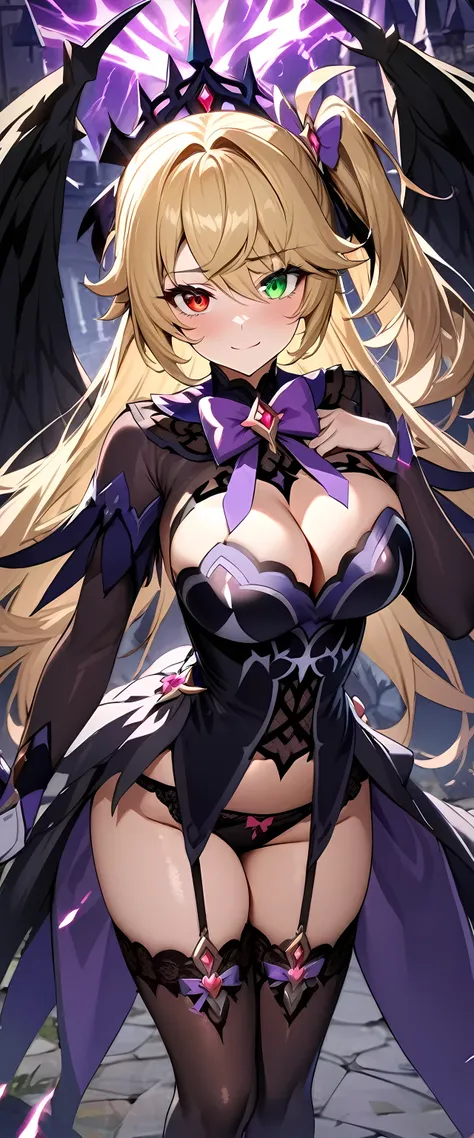 (masterpiece), best quality, expressive eyes, perfect face,fischl_(genshin impact),(magical girl costume:1.5),(raven wings:1.3),big breasts,(sparkles:0.9),(glitters:0.9),blonde hair,dark castle,garter belt,thighhigh heel boots,middle hair,side ponytail,cle...