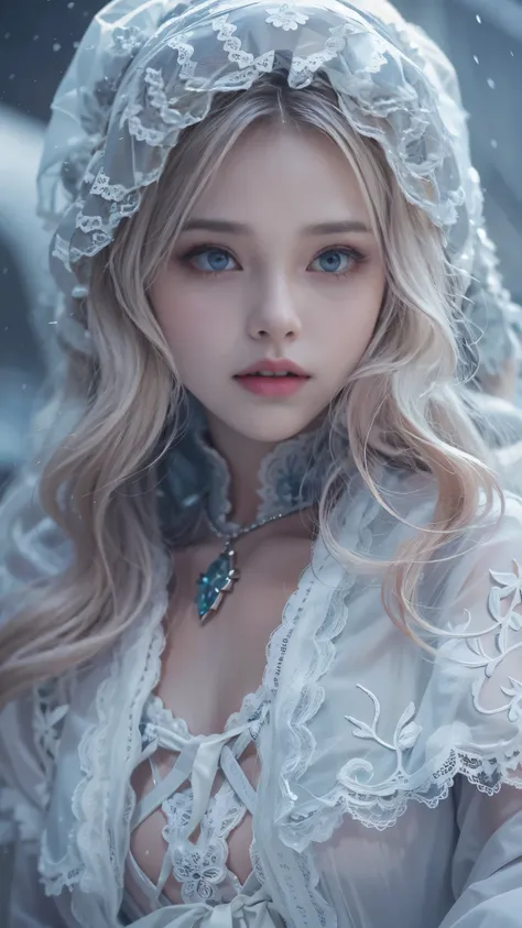 （8k， RAW photos， Best quality， masterpiece：1.2），（Realistically， Shoot real：1.4)
Lolita clothing，Lace， Iris Gainsborough， sit on the floor，(Cloak，external，Covered with snow，Snowfield) high quality， High Detail Skin， Looking at the audience，