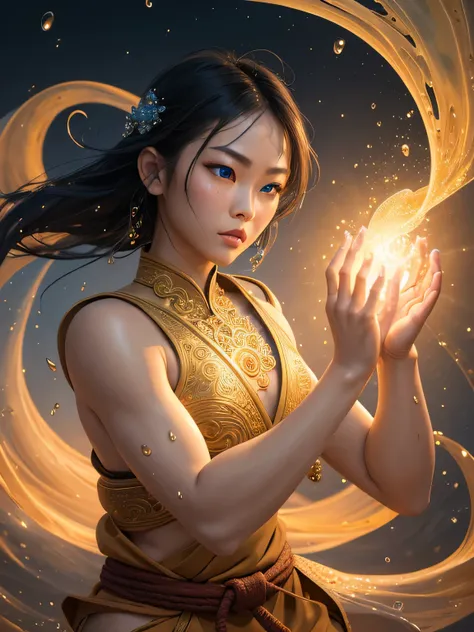 ultra detailed, complex illustration, an asian sand bender surrounded by sand spouts, magical scene, dynamic pose, floating, asian woman with blue eyes, art by MSchiffer, sand drops, magical glow, fantasy art, surreal, detailed glossy lips, ((martial arts ...