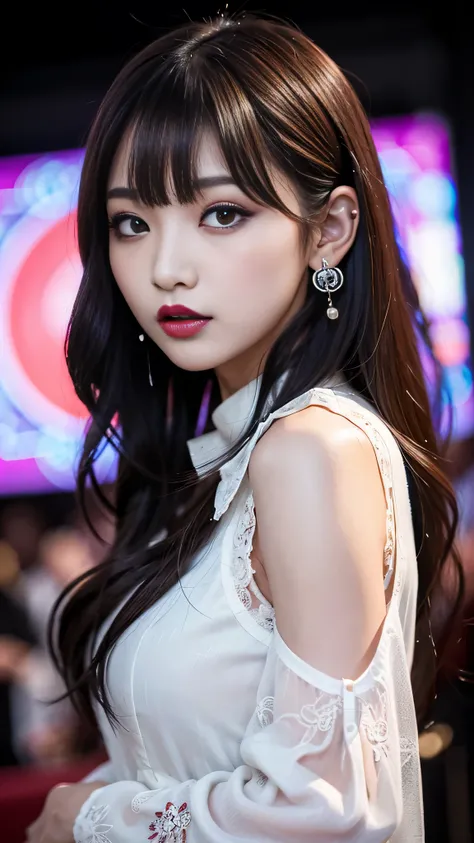 tra-detailed、Japanese、Attractive beauty、seductive adult woman、Pretty Woman、cool girl、brown hair、wavy hair、swept bangs、piercing eyes、hollow eyes、half-closed eyes、Hollow Eyes、Purple Eyeshadow、black lipstick、black lip gloss、dark makeup、smirk、Whisper in my ear...