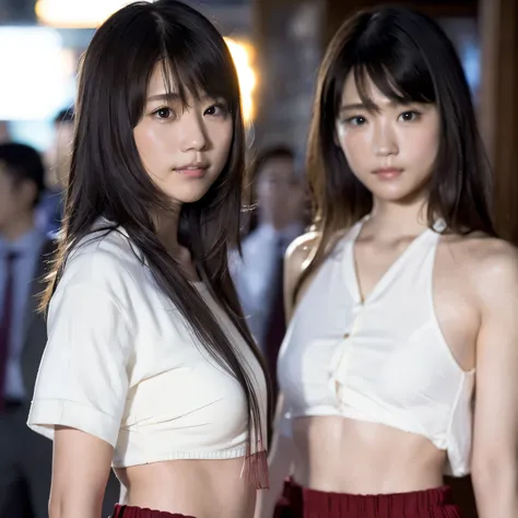 (8k, RAW Photos, highest quality, masterpiece:1.2), (Realistic, photo-Realistic:1.37), Identical twin sisters、Very detailed, Ultra-high resolution,1 girl,Looking at the audience,Beautifully detailed face,smile,narrow,(Narrow waist:1.3),shirt, Fine and beau...