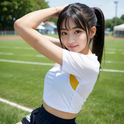 Best-quality, Masterpiece, Ultra-High-Resolution, (Photorealistic:1.4), Raw-Photo, 1girl, 15-years-old, the most famous Japanese idol, (upturned ass that wearing track and field shorts), wearing track and field uniform, (extremely cute face, ((extremely cu...