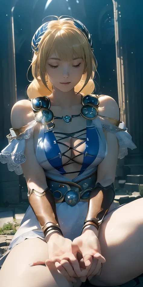 (masterpiece, best quality:1.3), Sophitia Alexandra, Soul Calibur, (upper body:1.5), anime, intricate detail, japanese style, 28 years old, look at viewer, gold hair, braid hair, (all fours:1.5), (ruins blessed by the god Hephaestus, filled with a mystical...