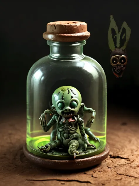 A mysterious humanoid trapped in a bottle on a desk、horror、Creepy、very small creature、Clay Figure、straw doll