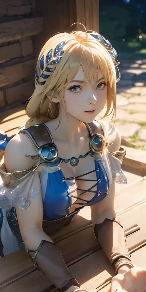 (masterpiece, best quality:1.3), Sophitia Alexandra, Soul Calibur, (upper body:1.5), anime, intricate detail, japanese style, 28 years old, look at viewer, gold hair, braid hair, (all fours:1.5), (ruins blessed by the god Hephaestus, filled with a mystical...