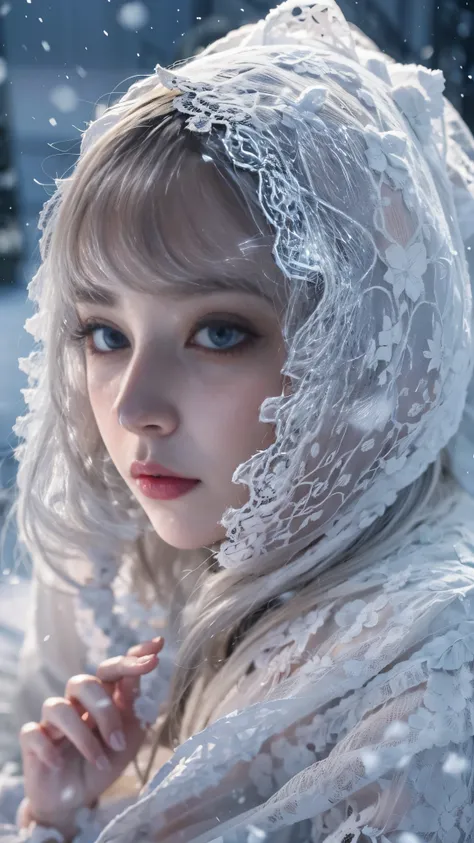 （8k， RAW photos， Best quality， masterpiece：1.2），（Realistically， Shoot real：1.4)
Lolita clothing，Lace， Iris Gainsborough， sit on the floor，(Cloak，external，Covered with snow，Snowfield) high quality， High Detail Skin， Looking at the audience，