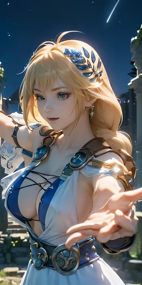 (masterpiece, best quality:1.3), Sophitia Alexandra, Soul Calibur, (upper body:1.5), anime, intricate detail, japanese style, 28 years old, look at viewer, gold hair, braid hair, (reaching out:1.5), (ruins blessed by the god Hephaestus, filled with a mysti...