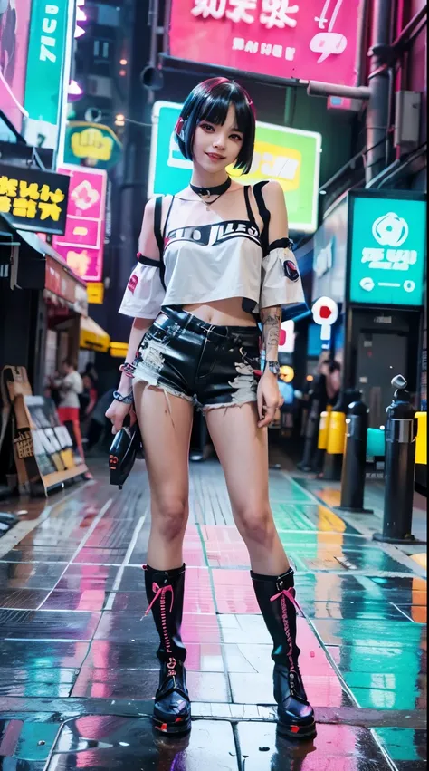 A colorful Bob cut haired punk girl, smooth white skin, innocent look, 15 years old, Ultra high res, uhd, (photorealistic:1.4), cyberpunk outfit, wink, smiling ear to ear, neon lighting, wearing short pants, colorful leather boots, full body shot, head to ...