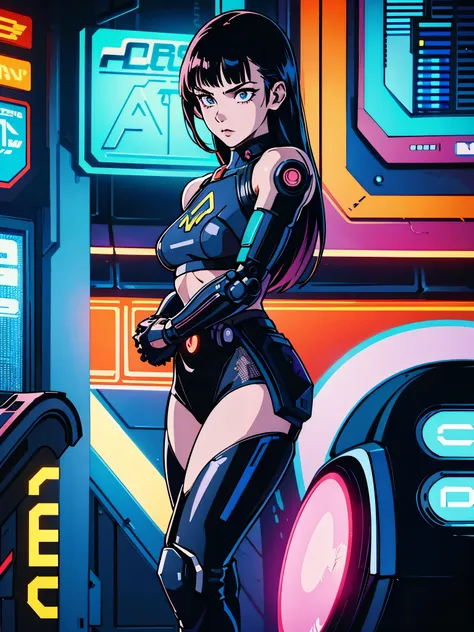 digital art drawing, illustration of (girl, metal robotic arms, cyberpunk 2077, neon), anime drawing/art, bold linework, illustr...