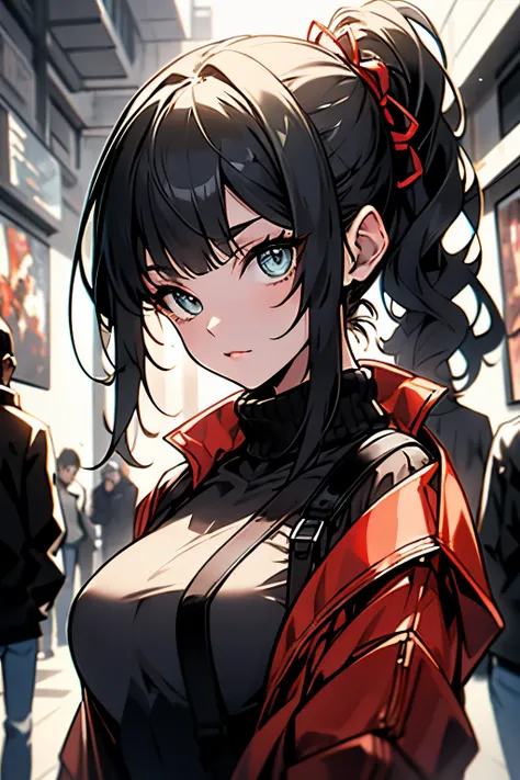 ((best quality)), ((artwork)), (detailed), perfect face thin woman 17 years old, blue eyes, long curly black hair tied in a ponytail, wearing black jeans and a turtleneck sweater. The jacket was a thin black windbreaker, holding an smartphone