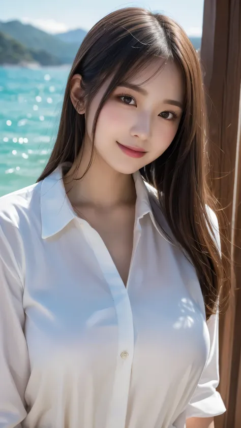 Oversized white collared shirt、Naked except for a shirt、full body shot、Complex and beautiful eyes、woman、womanらしい髪型、Natural color lip、Big Breasts、valley、bold and sexy pose、smile、Ocean、((18歳woman:1.2))、Young adorable Japanese face, Official Art，Highly detail...