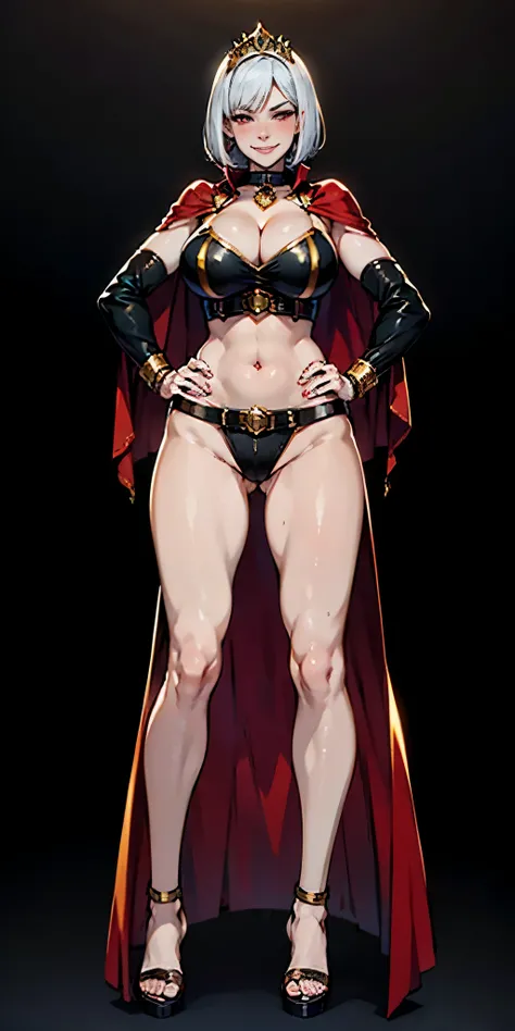 ((BLACK BACKGROUND,1:2, masterpiece)), full body MILF BIMBO standing with two long thighs and two high heels, red eyes, silver white hair, short bob style hair, big breasts, cleavage, separate sleeves, tiara royal, long cape up to two feet, yellow bikini, ...