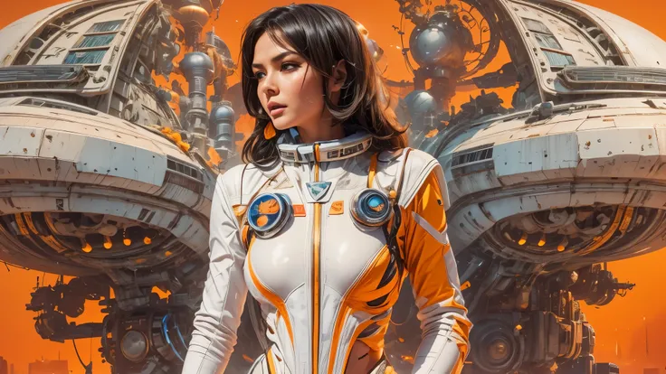 arafed image of a white woman in a futuristic suit with a spaceship in the background, movie art, in front of an orange background, inspired by Robert McGinnis, female protagonist, megastructure in the background, portrait of an ai astronaut, astronauts, a...