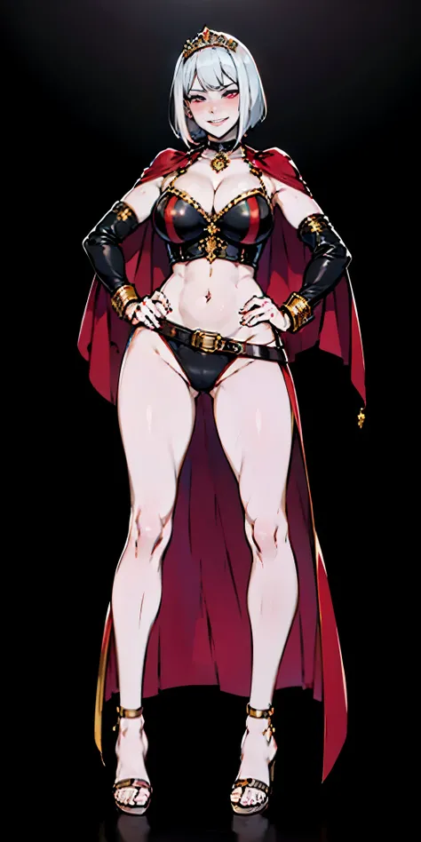 ((BLACK BACKGROUND,1:2, masterpiece)), full body MILF BIMBO standing with two long thighs and two high heels, red eyes, silver white hair, short bob style hair, big breasts, cleavage, separate sleeves, tiara royal, long cape up to two feet, yellow bikini, ...