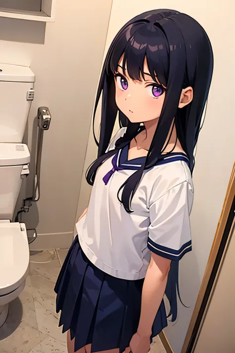 8-year-old　Elementary school girl　Flat Chest　Black Hair　Long Hair　Purple Eyes　1 person　White T-shirt on upper body　navy blue mini skirt　White panties　Standing in front of the toilet　Dynamic Angle　Low - Angle