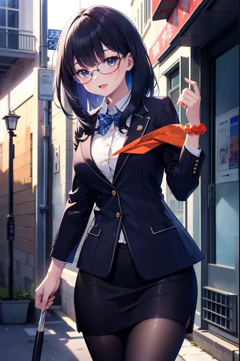 Rikka body, rikka takarada, Black Hair, blue eyes, Long Hair, happy smile, smile, Open your mouth,orange Scrunchie, Scrunchie, wrist Scrunchie,OL, Akagi glasses,  black suit jacket, Collared jacket, White dress shirt, Collared shirt, Neckline, button, Blac...