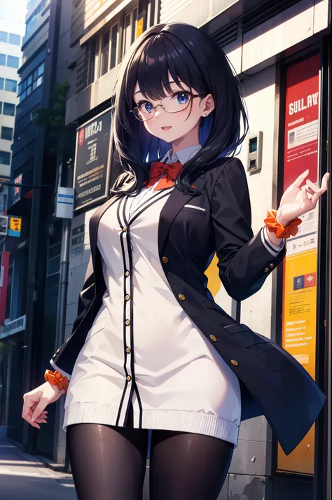 Rikka body, rikka takarada, Black Hair, blue eyes, Long Hair, happy smile, smile, Open your mouth,orange Scrunchie, Scrunchie, wrist Scrunchie,OL, Akagi glasses,  black suit jacket, Collared jacket, White dress shirt, Collared shirt, Neckline, button, Blac...