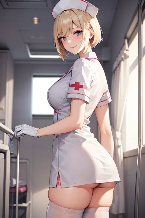 1 woman, Nurse, Nurse Cap, Whiteware, ((White legwear, zettai ryouiki)), White Gloves, Blonde hair, Blue eyes, pink lipsticks, Smile, Standing, ((Hospital room)), sharp outline, Short sleeves, a matural female, 35 year old, Best Quality, masterpiece