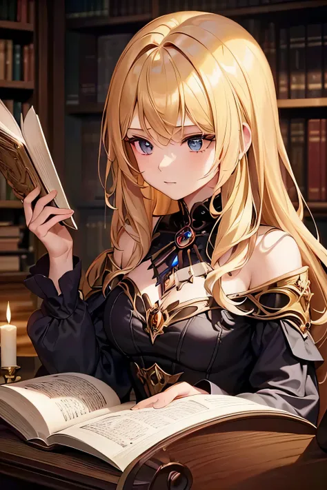 A beautiful witch reading a grimoire in an enchanting library, surrounded by mystical atmosphere and magical ambiance. (masterpiece, top quality, best quality, official art, beautiful and aesthetic:1.2), (1girl:1.4), upper body, blonde hair, portrait, extr...