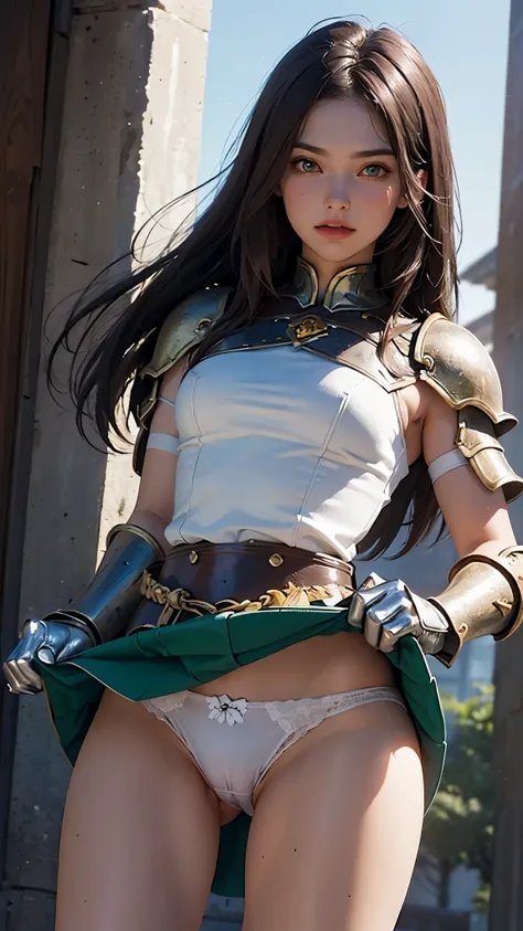 (female warrior: 1.5), (brunette warrior girl: 1.3), 1 girl, solo, pretty girl, young girl, (black hair), (green eyes), thin girl, small breasts, pretty face, slim waist, thin legs , gap between thighs, (knights armor), (steel breastplate, steel gauntlets,...