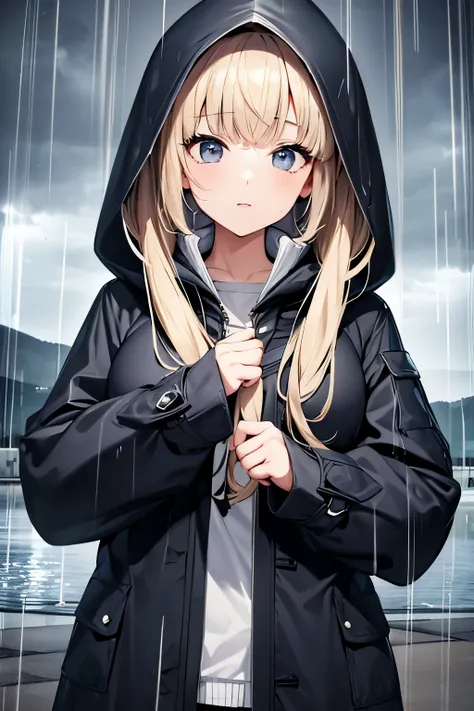 Beautiful girl, cute face, cloudy sky, raining, wet, hood, coat,